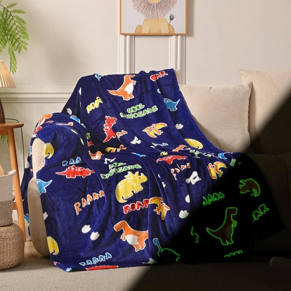 Dinosaur Glow in the Dark Blanket for Kids Soft Fleece Throw Dino Gift for Boy